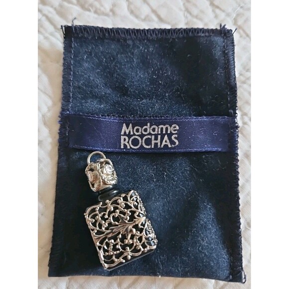 RARE Vintage MADAM ROCHAS SILVER FILIGREE Glass Mini Bottle Pendant - Picture 1 of 8